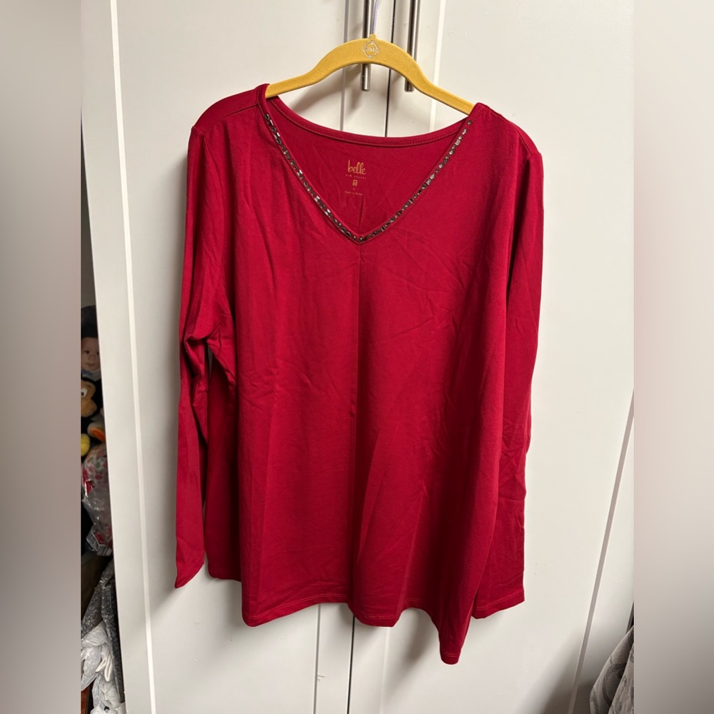 Belle Long Sleeve V-neck Top with Sequins Sz L. NEW